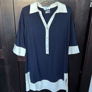 CYNTHIA ROWLEY Navy White Linen Blend 3/4 Sleeve Shirt Dress Size S